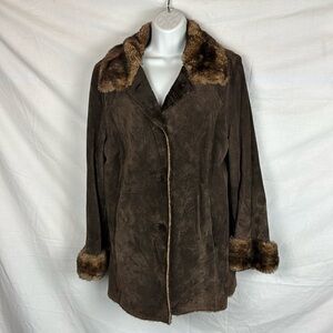 LNR Nordstrom leather suede coat with faux fur trim deep brown bohemian